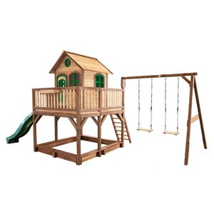 AXI Spielhaus Liam mit Sandkasten, Doppelschaukel & grüner Rutsche | Stelzenhaus XXL in Braun & Grün aus  Holz für Kinder | Spielturm mit Wellenrutsche für den Garten
