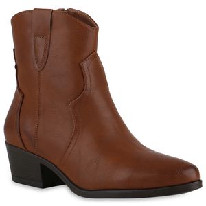 VAN HILL Damen Cowboy Boots Stiefeletten Trichterabsatz Stickereien Schuhe 840529, Farbe: Hellbraun, Größe: 39