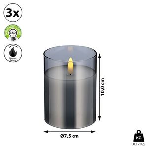 LED Echtwachs-Kerze im Glas 3er Set 7,5x10cm Kerzenset Flackerfunktion Timerfunktion