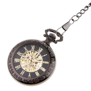 Steampunk Schwarz Mechanische Skelett Taschenuhr Handaufzug Halskette Uhr
