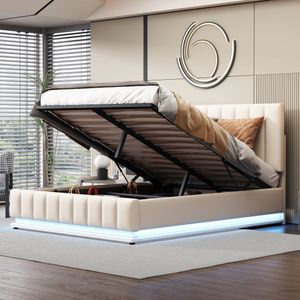 Merax Hydraulická posteľ Boxspring 140 x 200 cm so zásuvkou na posteľ a LED osvetlením, čalúnená posteľ s výškovo nastaviteľným čelom a kovovým lamelovým rámom, posteľ z umelej kože v izbe Manželská posteľ, béžová