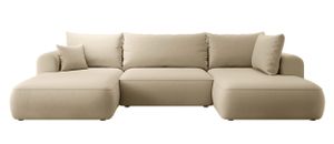 Selsey OVO - Wohnlandschaft U-Form-Sofa mit Schlaffunktion, Bettkasten, Ottomane rechts, Veloursbezug Beige