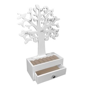 Schmuckbaum Holz Lebensbaum mit Schublade und 6 Haken Weiß B19xH31cm