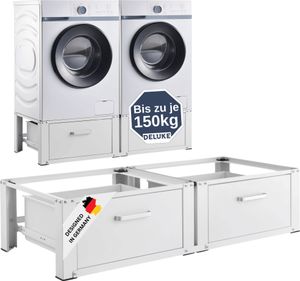 DELUKE® Waschmaschinen Untergestell doppelt SION - mit Schublade, 127x54cm Universal | Doppeluntergestell Waschmaschinen Unterschrank Waschmaschinen Sockel Trockner Untergestell bis je 150 kg | Weiß