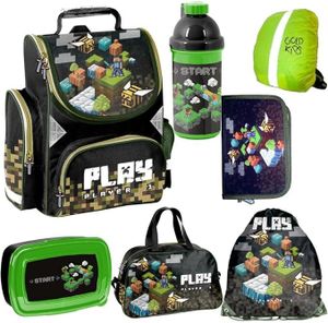 7er Set Schulranzen Ranzen Tornister Schulrucksack Federmappe Turnbeutel Turnsack Brotdose Trinkflasche Sporttasche Regenschutz Game Pixel Motiv ab 1 Klasse