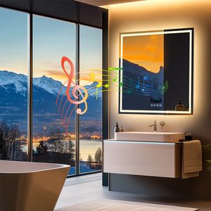 WISFOR LED Badspiegel mit Bluetooth Lautsprecher, 80×80cm Badezimmerspiegel mit Beleuchtung 3 Lichtfarbe, LED Wandspiegel dimmbar beschlagfrei