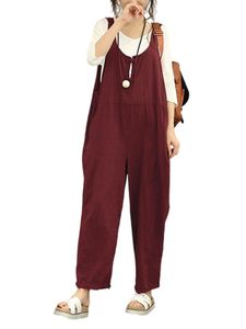 Damen Overalls mit Taschen Sling Jumpsuits Long Pants Einfarbig Harem Pant Strampler Claret,Größe XL