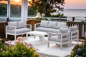 MeXo Gartenmöbelset, Loungeset Aluminium für 6-7 Personen mit Kissen & Couchtisch Indoor Outdoor Balkon Garten Terrasse (Sitzgruppe, Aluminiumrahmen)