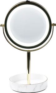 BELIANI Kosmetikspiegel mit LED-Beleuchtung Gold u. Weiß ø 20 cm aus Eisen u. Keramik Doppelseitig Vergrößerungsspiegel Schminkspiegel Tischspiegel