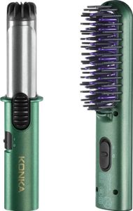 KONKA Mini-Haarstyling-Set, Lockenstab Glättungskamm, Heißluftkamm, Friseurset, für unterwegs, Mehrzweck-Friseur-Lockenstab, Glättkamm, Grün