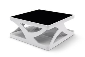 SalesFever Couchtisch | quadratisch | MDF Hochglanz lackiert | 10 mm Tischplatte Sicherheitsglas | B 90 x T 90 x H 38 cm | weiß – schwarz