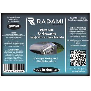 Radami® Sprühwachs 500ml Autowachs Auto Spray Wax Lack Versiegelung Schnellwachs