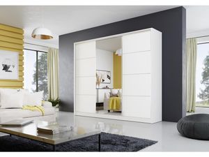 Easy Furniture Kleiderschrank mit Spiegel 250 cm Schwebetürenschrank Schrank Garderobe Schlafzimmer- Wohnzimmerschrank ; 4 Schubladen & 2 Kleiderstangen: Farbe: Weiß Matt