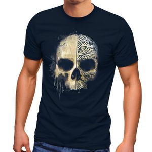 Herren T-Shirt Bedruckt Totenkopf Totenschädel Skull Tattoo Tribal Print Aufdruck Fashion Streetstyle Neverless® navy XXL