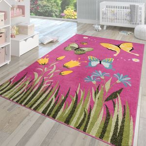 Kinderzimmer Teppich Kurzflor Modernes Mehrfarbiges Motiv Pink Schmetterlinge Größe 120x170 cm