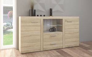 FURNIX Sideboard RIVAY Esszimmer, Wohnzimmer Kommode mit LED, 2 Schubladen und Glasvitrine klassisch, pflegeleicht modern Eiche Sonoma