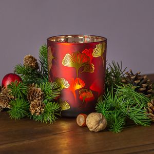 Windlicht Ginkgo Design, Glas Kerzenhalter, Tellichthalter, Rot/Gold, Hca.12,5cm