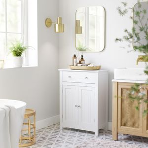 VASAGLE Biela drevená kúpeľňová skrinka 60 x 80 x 30 cm so zásuvkou a nastaviteľnou policou Kúpeľňová skrinka vo vidieckom štýle BBC61WT