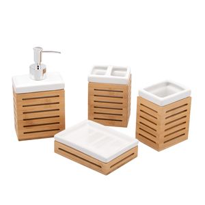 bremermann Badezimmer-Set 4-tlg., Bambus, Keramik, weiß, Badezimmer-Zubehör-Set