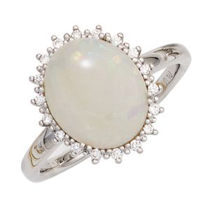 JOBO Damen Ring 585 Gold Weißgold 1 Opal  18 Diamanten Brillanten 0,10ct. Goldring Größe 54