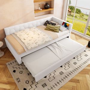 Merax Tagesbet 90x200cm mit Ausziehbett und USB & Typ-C Anschluss, Polsterbett Schlafsofa mit Nachttischlampe, Kinderbett im modernen Design, Weiß