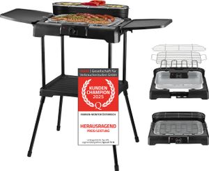 TZS First Austria Standgrill | 2000 W Elektrogrill mit Temperaturregler & Wärmereflektor | Gartengrill mit Standfüßen | Grillfläche [45cm x 22cm] inkl. Windfang | Barbecue Elektrisch Tischgrill