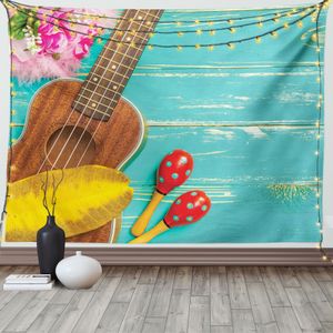 ABAKUHAUS Musik Wandteppich, Hawaiianische Sommer Ukulele, Wohnzimmer Schlafzimmer Heim Seidiges Satin Wandteppich, 200 x 150 cm, Gelb Braun Aqua Rot