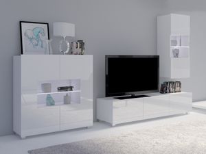 Wohnzimmer-Set CALABRINI-7 Wohnwand Hängewohnwand Schrankwand mit LED-Beleuchtung TV-Schrank Vitrine Kommode Moderne Anbauwand Hochglanz (Weiß)