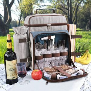 Picknick Rucksack Picknickset für 4 Personen mit Kühlfach und Geschirr und Decke - Grau