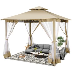 3x3m Gartenpavillon, Terrassenpavillon mit Moskitonetz, wasserdicht und UV-Schutz, Gartenzelt Partyzelt mit Doppeldach, für Party Garten Grillen, Khaki