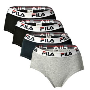 FILA Damen Hipster - 4er Pack Slip, Logo-Bund, Cotton Stretch, einfarbig Schwarz/Grau/Marine L