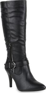 Mytrendshoe Klassische Stiefel Damen Boots High Heels Schnallen 818980, Farbe: Schwarz, Größe: 40