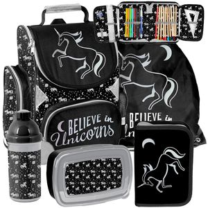 Paso Unicorn - 5-teiliges Mega Set - Rucksack, Federmäppchen, Tasche, Trinkflasche, Frühstückstasche, Schulranzen – Muster: Einhorn