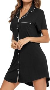 Damen Sommer Nachthemd Kurzarm Shirt Typ Revers V-Ausschnitt Einreihig Locker Einfarbig Homewear Schlafkleid Nachtwäsche