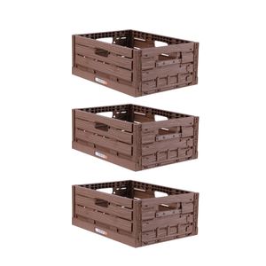 Stabile Faltbox "3er Pack" Holzdesign 40 x 30 x 16,3cm ( LxBxH ) Stapelbarer Faltbarer Einkaufskorb 16L - Robuste Klappkiste - Gemüsekiste Obstkiste