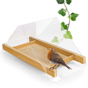 WILDLIFE FRIEND I Design Boden Vogelhaus für Wildvögel mit Acrylglas – Bodenfutterstelle Bodenfutterstation für Vögel, Futtertisch aus Bambus, Vogelfutterspender