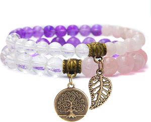 Bixorp Gems Goldenes Dreieck-Armband mit Lebensbaum und Feder – Amethyst + Rosenquarz + Bergkristall – Edelstein-Perlenarmband mit Anhänger – Chakra