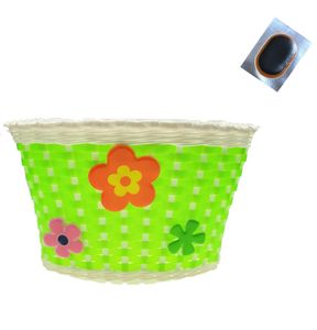 Kinderfahrrad Korb Fahrradkorb aus Kunststoff für vorne/hinten Grün/Blumen inkl. Schlauchflicken