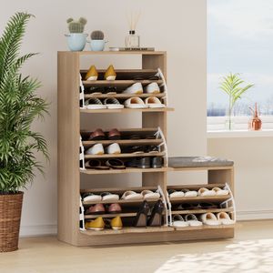 Merax Schuhschrank mit Sitzpolster Schuhkipper mit Sitzbank, Schuhregal mit 4 Klappen und Sitzbank, Schuhtruhe mit Sitzkissen, 107x119x35cm, Natur