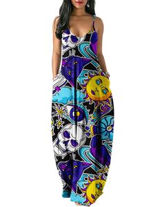 Maxikleider Damen Kürbis Gedruckte Dresses Party Mit Taschen Sommer Strand Ärmelloses Langes Kleid,Farbe:Bildfarbe 12,Größe:Xl