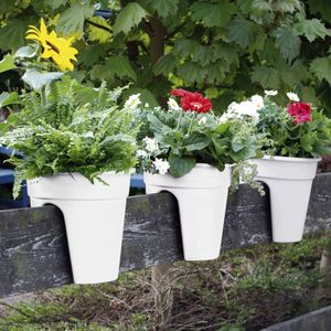 Blumenkasten mit Halterung Flowerclip für Geländer 3er Set - Pflanzkasten für Balkongeländer - Recycelter Kunststoff, Farbe:Weiß