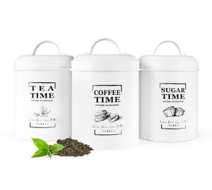 3 Vorratsdosen aus Metall Kaffeedose Zuckerdose Teedose Vorratsgefäß Vorratsbehälter Weiß