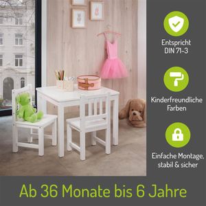 BOMI® Kindertisch mit 2 Stühlen Amy aus Kiefer Massiv Holz für Kleinkinder, Mädchen und Jungen Weiß