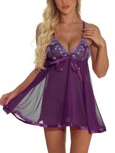 Damen y Spitze durchsichtigen Pyjama Pailletten Nachthemd,Farbe: Violett,Größe:L