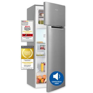 Exquisit Kühl-Gefrierkombination, Kühlschrank mit Gefrierfach, 206 Liter, 4-Sterne-Gefrierfach, 55 cm Breit, Freistehend, KGC5270-45-040E inoxlook