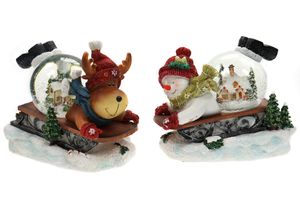 2er Set Schneekugel Spieluhr mit Licht & Schneeantrieb Ø100mm H.:17cm als Schlitten mit Schneemann & Rentier, weihnachtliche Schüttelkugel