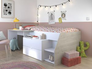 PARISOT Kinderbett mit Schreibtisch & Stauraum + Lattenrost - 90 x 190/200 cm - Weiß & Eichefarben - GISELE