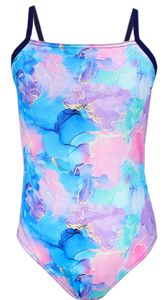 Aquarti Mädchen Badeanzug mit Spaghettiträgern Streifen, Farbe: Tie Dye / Dunkelblau / Blau / Lila / Rosa, Größe: 146