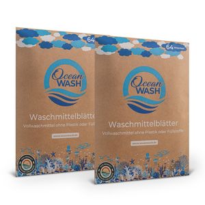 OceanWash 2er-Set Waschmittelblätter Baumwollduft für 128 Waschladungen, 64 Waschstreifen mit Trennlinie, vordosiert & biologisch abbaubar