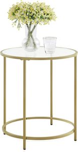 VASAGLE Runder Beistelltisch Nachttisch Kleiner Couchtisch 50 x 50 x 55 cm Glastisch mit Metallrahmen Sofatisch Balkon Gehärtetes Glas Gold